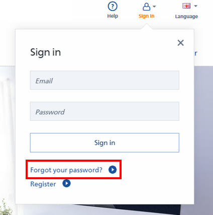 Registreringsfönster med fält för e-post och lösenord samt länkar för glömt lösenord och registrering.