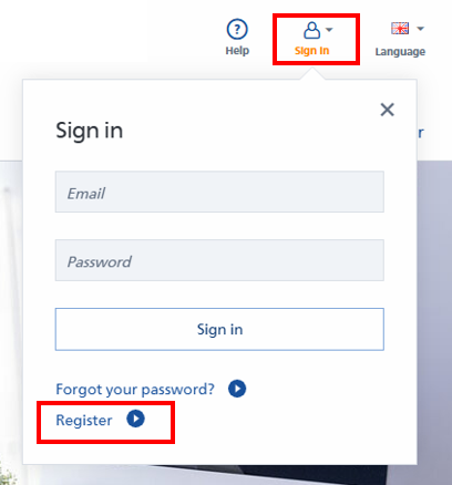 Registreringsfönster med fält för e-post och lösenord samt knappar för 'Logga in' och 'Registrera'.