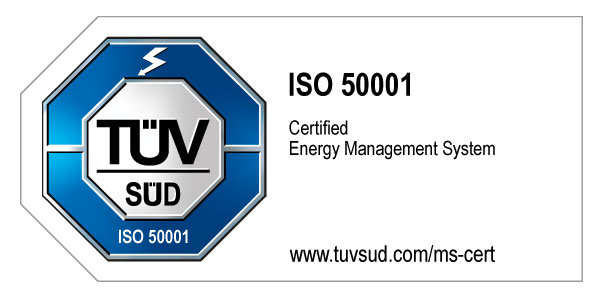 Zertifikat für das Energiemanagementsystem ISO 50001 von TÜV SÜD, einschließlich Logo und Website-URL.