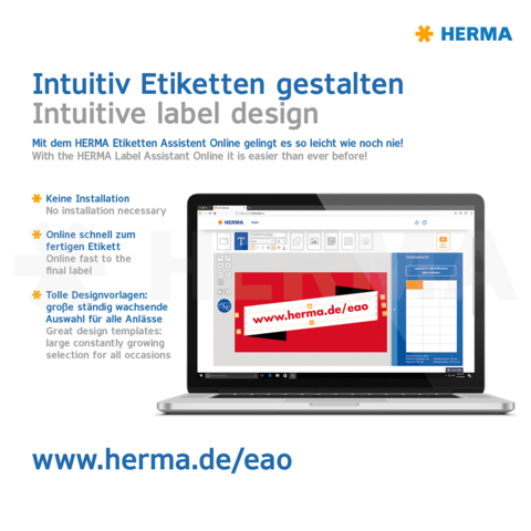 Intuitives Design für Etiketten mit dem HERMA Etiketten Assistenten Online. Keine Installation nötig, schnelle Auswahl und große Vorlagenvielfalt.