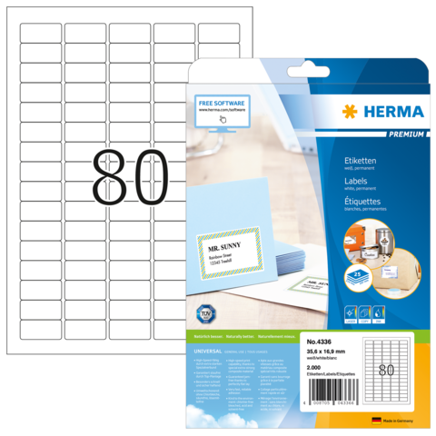 Etikettenpackung mit 80 Etiketten auf einem Bogen, inklusive Beispieletiketten und Hinweis auf kostenlose Software zur Gestaltung.