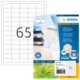 Etikettenbogen aus Recyclingpapier mit 65 Etiketten, inklusive Softwarehinweis und Produktinformationen auf der Verpackung.