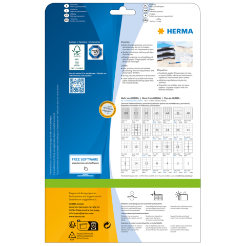 Rückseite einer Verpackung mit Informationen zu HERMA, einschließlich Anleitungen, Softwarehinweisen und einem QR-Code.