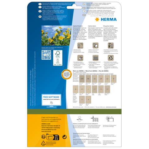 Produktverpackung von HERMA mit Informationen zu Etiketten, Anwendungsanleitungen und einem QR-Code für zusätzliche Software.
