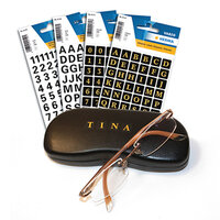 Translation: "Användningsbild bokstavsklistermärken på glasögonfodral