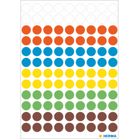 Bunte Aufkleber in verschiedenen Farben, angeordnet in Reihen und Spalten auf einem weißen Hintergrund.