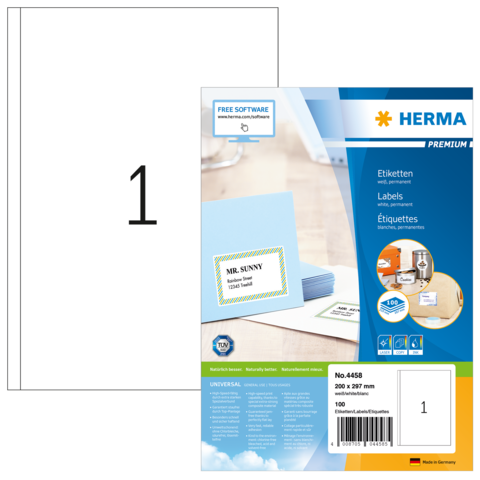 Etikettenpackung von HERMA mit blauen Etiketten und der Aufschrift "MR. SUNNY". Enthält 100 Etiketten in der Größe 200 x 297 mm.