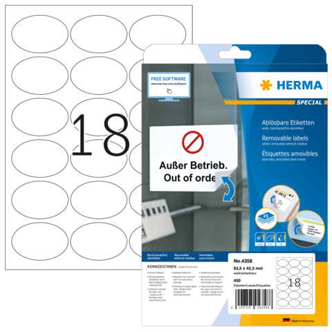 Packung mit ablösbaren Etiketten von Herma, mit der Aufschrift "Außer Betrieb. Out of order." und der Nummer 18.