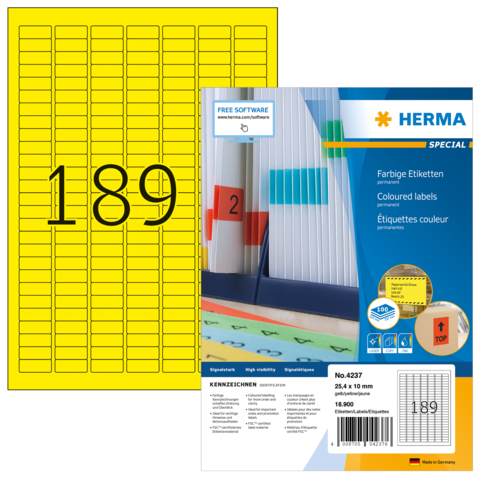Gelbe Etiketten mit der Nummer 189, verpackt in einer transparenten Hülle, mit Hinweisen zu Software und Anwendung.