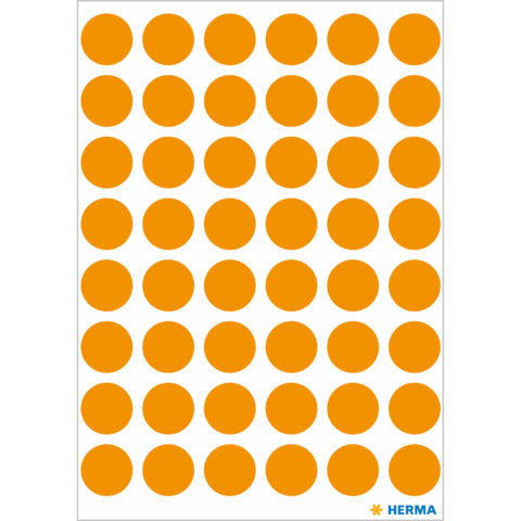 Ein Blatt mit orangefarbenen, runden Aufklebern in gleichmäßigen Reihen und Spalten auf weißem Hintergrund.