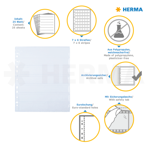Transparente Sammelmappe mit 25 Blättern, aus Polypropylen, archivierungssicher, Eurolochung, mit Sicherheitslasche und 7 x 6 Streifen.