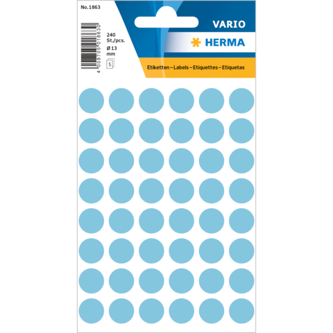 Blaues Etikettenblatt mit 240 runden Aufklebern, Durchmesser 13 mm, verpackt in einer transparenten Hülle.