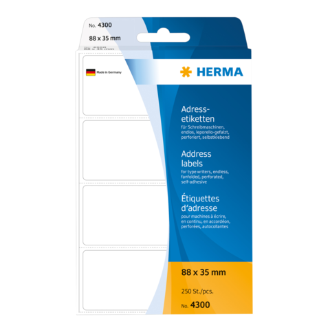 Adressetiketten von HERMA, 88 x 35 mm, 250 Stück, geeignet für verschiedene Anwendungen wie Maschinen und Bürobedarf.