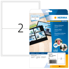 Packung mit glänzenden Etiketten von HERMA, enthält 50 Etiketten in der Größe 199,4 x 143,5 mm, mit Softwarehinweis.