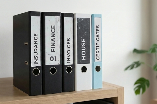 Mappar på en trähylla, märkta med 'Försäkring', 'Ekonomi', 'Hem' och 'Certifikat'. I bakgrunden en växt.