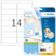 Etikettenpackung mit 14 vorgestanzten Etiketten, inklusive Beispielanwendung und Hinweis auf kostenlose Software.