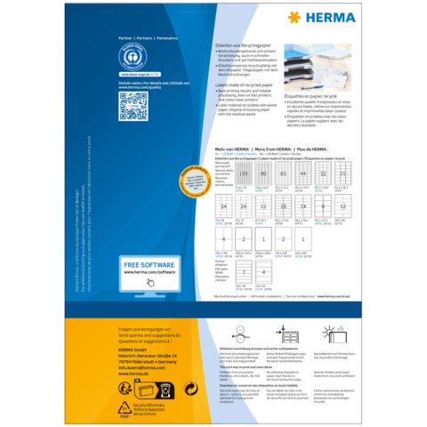 Etiketten von HERMA, die aus recyceltem Papier bestehen. Informationen zur Verwendung und Software sind ebenfalls enthalten.