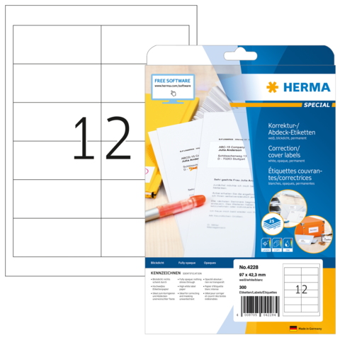 Korrektur- und Abdecketiketten von Herma, Packung mit 12 Etiketten, inklusive Softwarehinweis.
