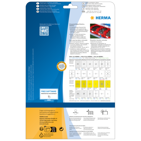 Rückseite einer Verpackung mit Informationen zu HERMA-Etiketten, einschließlich QR-Code und Hinweisen zur kostenlosen Software.