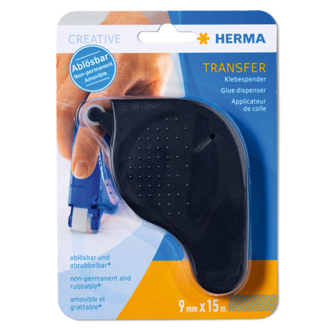 Klebestiftspender in schwarzer Verpackung, 9 mm x 15 m, mit Hinweis auf ablösbare und nicht permanente Eigenschaften.