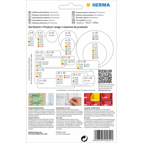 Produktübersicht von HERMA mit verschiedenen Etikettenformaten und Anwendungshinweisen. Enthält QR-Code für weitere Informationen.