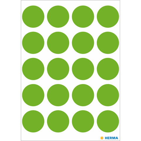 Grüne runde Aufkleber auf einem weißen Hintergrund, gleichmäßig in einem Raster angeordnet.