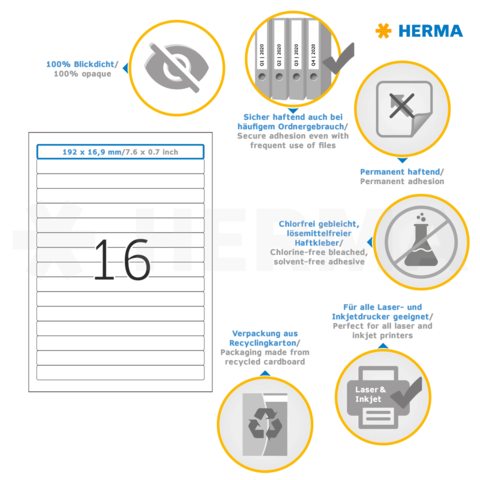 Produktbeschreibung für HERMA Etiketten: 100% blickdicht, permanent haftend, chlorfrei, geeignet für Laser- und Inkjetdrucker, verpackt in Recyclingkarton.