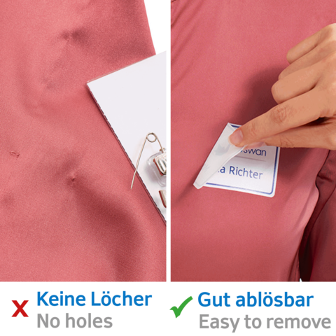 Zwei Stoffstücke nebeneinander, eines mit Löchern und das andere mit einem ablösbaren Namensschild. Beschriftungen: "Keine Löcher" und "Gut ablösbar".