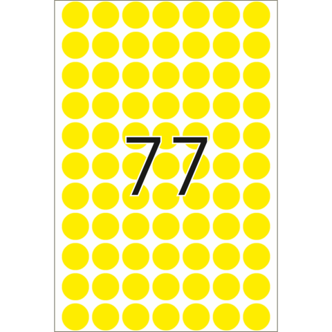 Gelbe Punkte auf weißem Hintergrund mit der Zahl 77 in schwarzer Schrift in der Mitte.