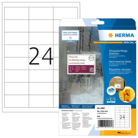 Etikettenpackung mit 240 strapazierfähigen Etiketten, Größe 66 x 33,8 mm, inklusive Softwarehinweis und Anwendungsbeispiel.
