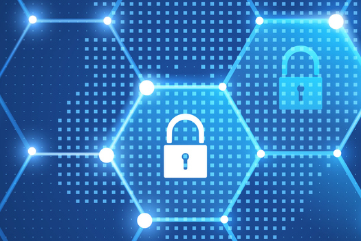ett digitalt nätverk med hexagonala mönster och låsikoner som representerar säkerhet och dataskydd.