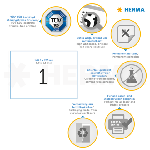 TÜV SÜD bekräftar störningsfri utskrift. Extra vit, glänsande, permanent fästande. Lämplig för alla laser- och bläckstråleskrivare. Förpackning av återvunnen kartong.