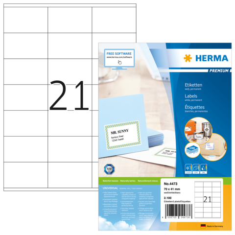 Etikettenpackung von Herma mit 210 Etiketten, Größe 70 x 41 mm, und Beispieletikett mit dem Namen "Mr. Sunny".