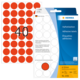 Runde, rote Haftetiketten auf einem Bogen, mit der Aufschrift "40". Verpackung zeigt Details zu Größe und Anzahl der Etiketten.