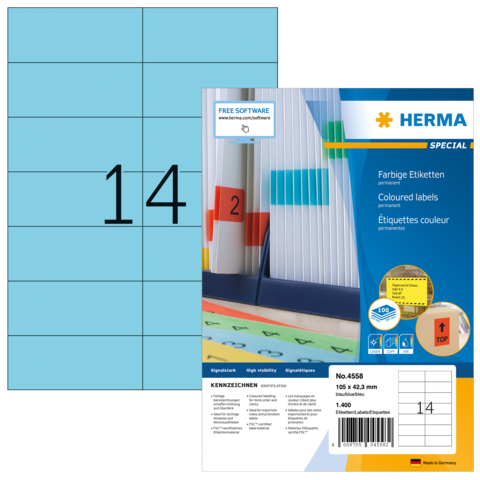 Farbige Etiketten von Herma, Packung mit 100 Stück, Größe 52 x 29 mm, auf einem Hintergrund mit einem großen, schwarzen Quadrat mit der Zahl 14.