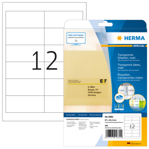 Transparentetiketten auf einer Verpackung, mit der Nummer 12 und Informationen zu Software und Hersteller.