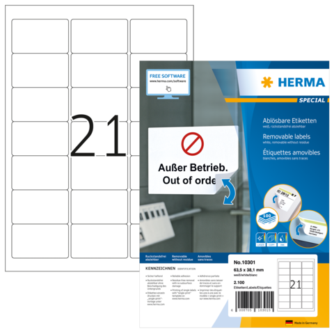 Ein Blatt mit ablösbaren Etiketten, das die Aufschrift "Außer Betrieb. Out of order" zeigt, sowie die Produktdetails von Herma.