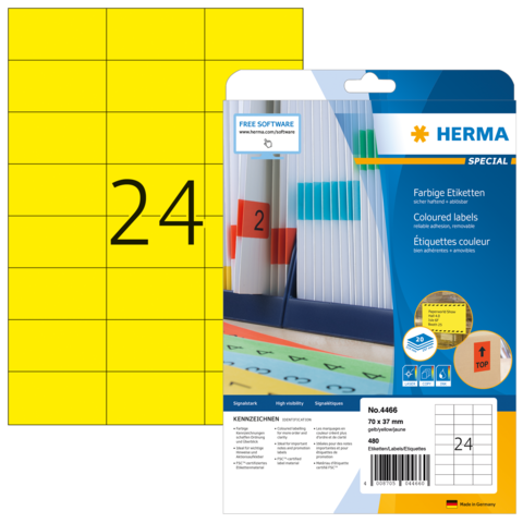 Gelbe Etiketten mit der Nummer 24, verpackt in einer Herma-Hülle, die auch Software zur Etikettenerstellung anbietet.