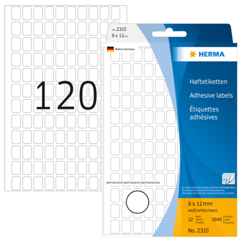 Haftetiketten von HERMA, 8 x 12 mm, 32 Stück, permanent, auf Verpackung mit Produktnummer 2310 und Hinweis "Made in Germany".