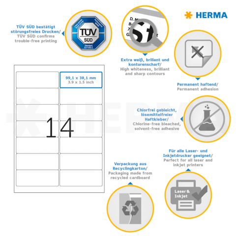Etikettenblatt mit 14 Etiketten, Größe 99,1 x 38,1 mm, Informationen zu Druckqualität, Haftung und Recycling. Markenlogo HERMA.