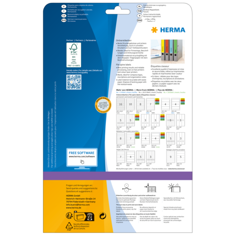 Rückseite einer Verpackung für HERMA-Ordneretiketten mit Anweisungen, Diagrammen und dem Hinweis auf kostenlose Software.
