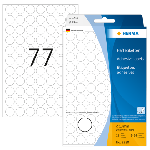 Runde, selbstklebende Etiketten mit einem Durchmesser von 13 mm, verpackt in einer Box mit der Nummer 2230. Enthält 32 Etiketten.