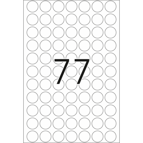Eine große Zahl "77" in der Mitte eines Rasters aus vielen leeren Kreisen.