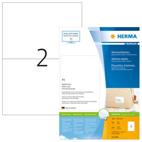 A5 Adressetiketten von HERMA, inklusive Softwarehinweis und Produktdetails, auf einer Verpackung abgebildet.