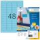 Farbige Etiketten auf einem Blatt mit 48 Etiketten. Verpackung zeigt Produktdetails und Anwendungshinweise.