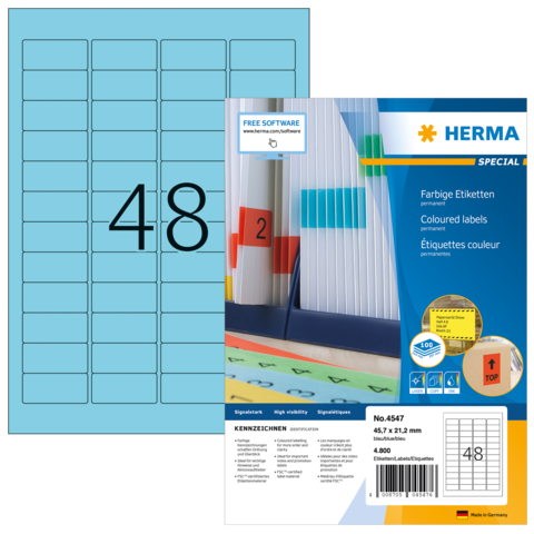 Farbige Etiketten auf einem Blatt mit 48 Etiketten. Verpackung zeigt Produktdetails und Anwendungshinweise.