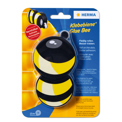 Klebebee från Herma, en påfyllningsbar limroller i form av en bi, perfekt för att klistra papper och andra material.