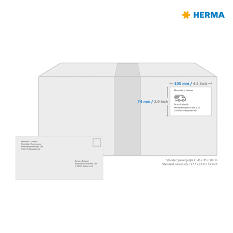 Ein Paket mit Abmessungen und einem Adressfeld, daneben eine Standardbriefgröße mit den entsprechenden Maßen.