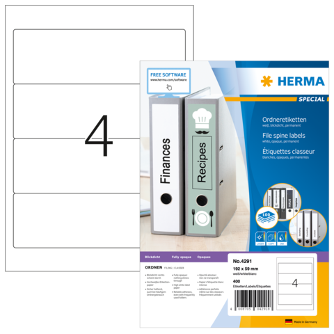Ordneretiketten von Herma, inklusive zwei beschrifteten Ordnern für "Finanzen" und "Rezepte", mit einer Packung von 400 Etiketten.