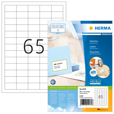 Etikettenpackung von Herma mit der Nummer 4270, inklusive Beispieletikett mit dem Namen "MR. SUNNY" und einer leeren Vorlage.